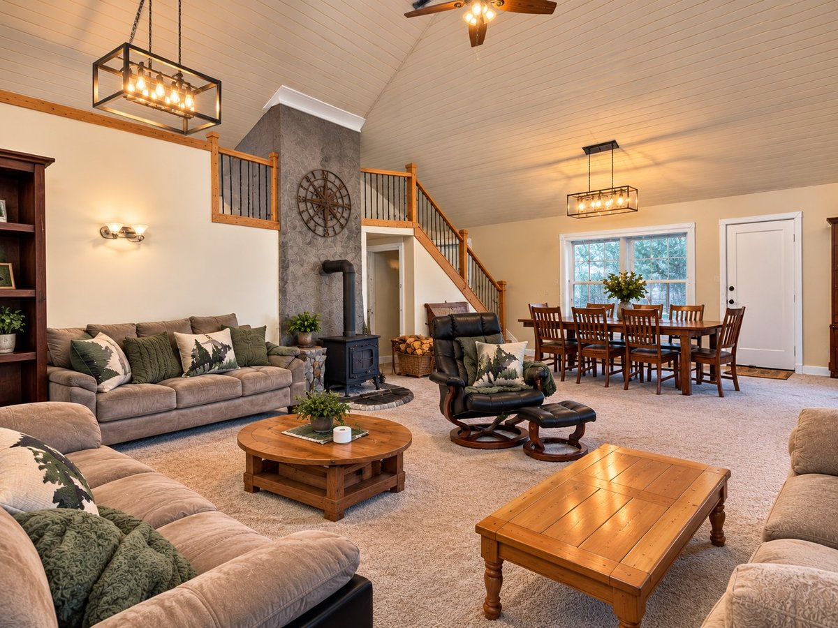 Spacious open-concept living room with vaulted ceiling, fireplace, wood furnishings, and multiple seating areas arranged on carpeted floor