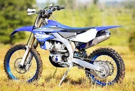 Blue and white dirt bike parked on grass with green foliage in the background